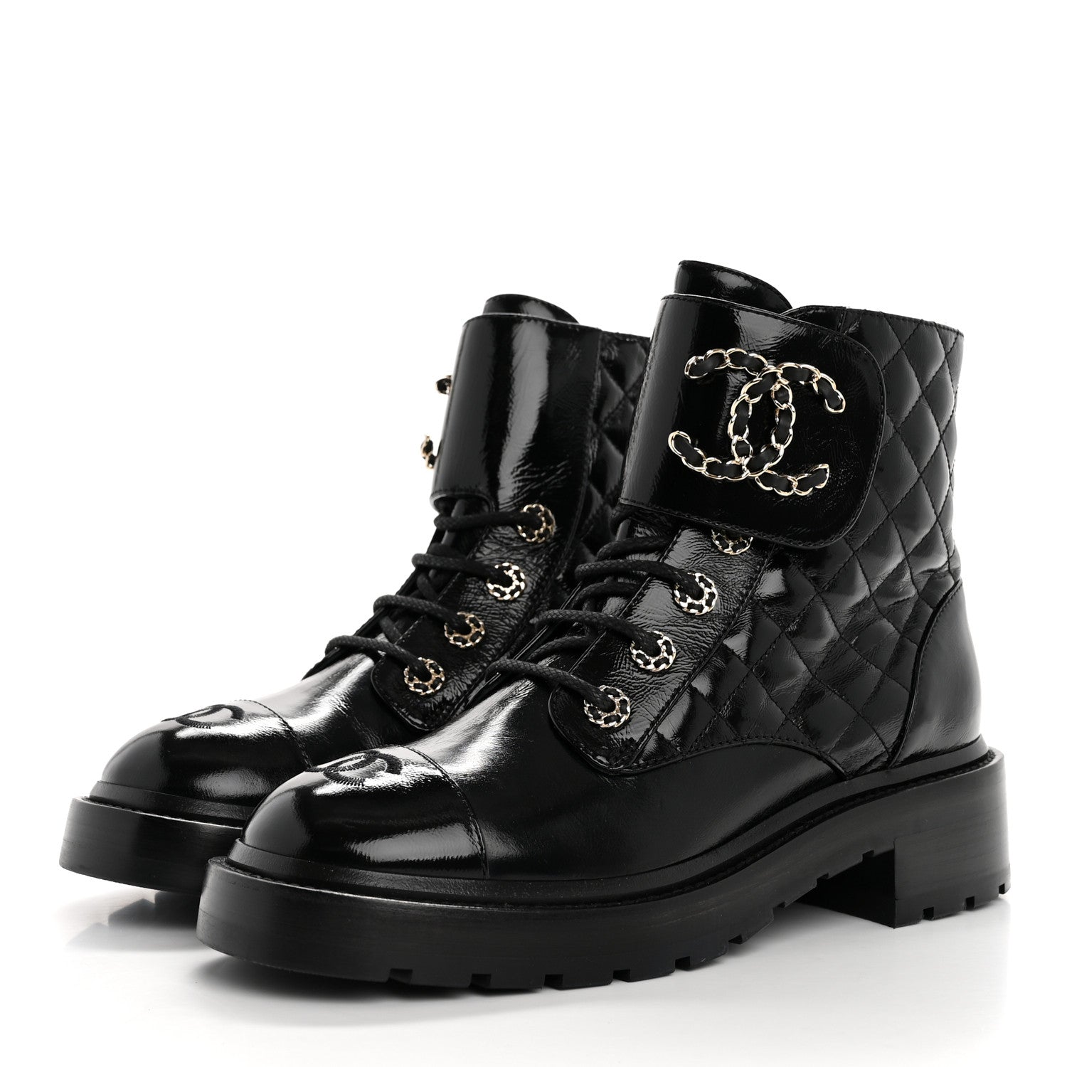 Chanel Shiny Calfskin Quilted Lace Up Combat Boots 38 Black 4 of 10