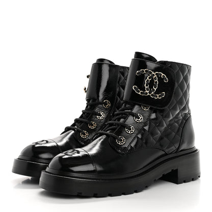 Chanel Shiny Calfskin Quilted Lace Up Combat Boots 38 Black 4 of 10