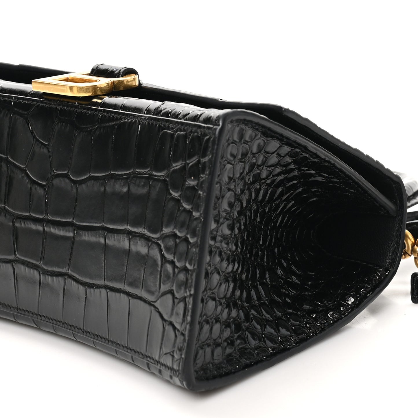Shiny Calfskin Crocodile Embossed Small Hourglass Top Handle Bag Black