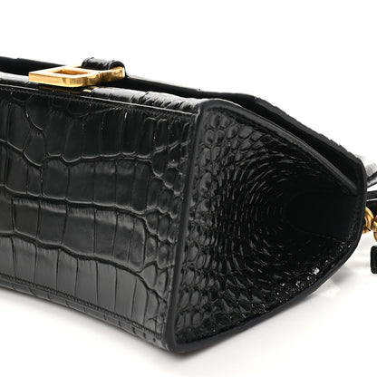 Balenciaga Shiny Calfskin Crocodile Embossed Small Hourglass Top Handle Bag Black 10 of 11