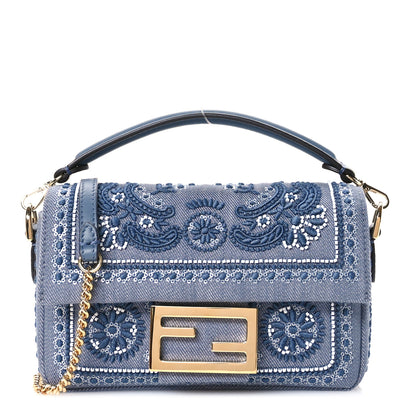 Fendi Denim Embroidered Coral Bandana Mini Baguette Myrtle 1 of 11