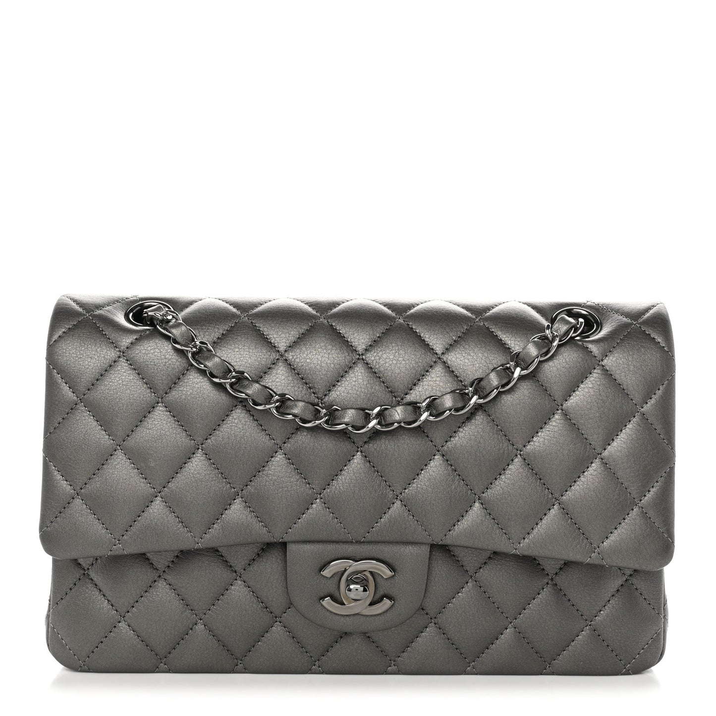 Metallic Calfskin Quilted Medium Double Flap Ruthenium Ruthenium