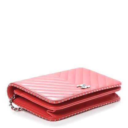 Chanel Lambskin Chevron Quilted Studded Wallet On Chain WOC Light Red 4 of 15