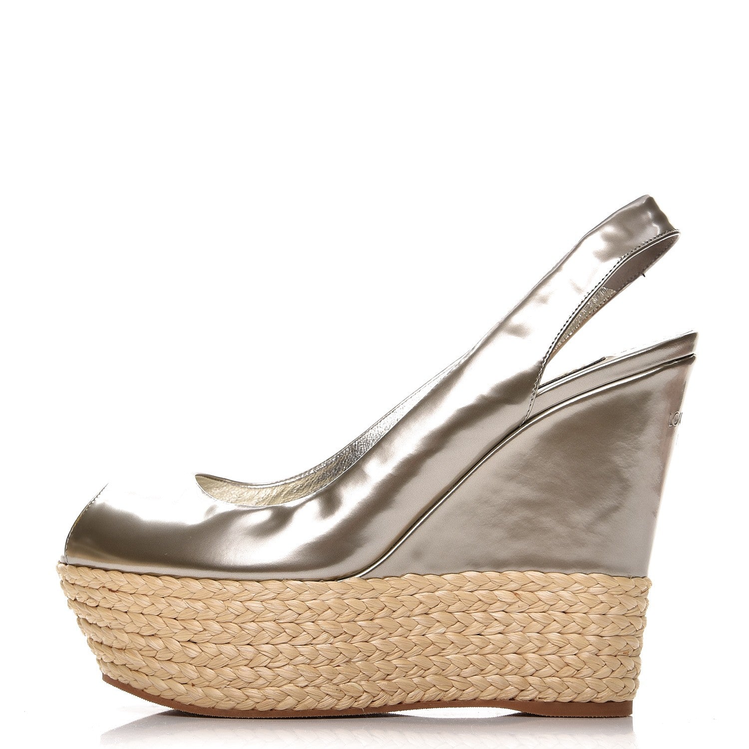 Louis Vuitton Patent Leather Lagoon Espadrille Peep Toe Wedges 37 Silver 1 of 8