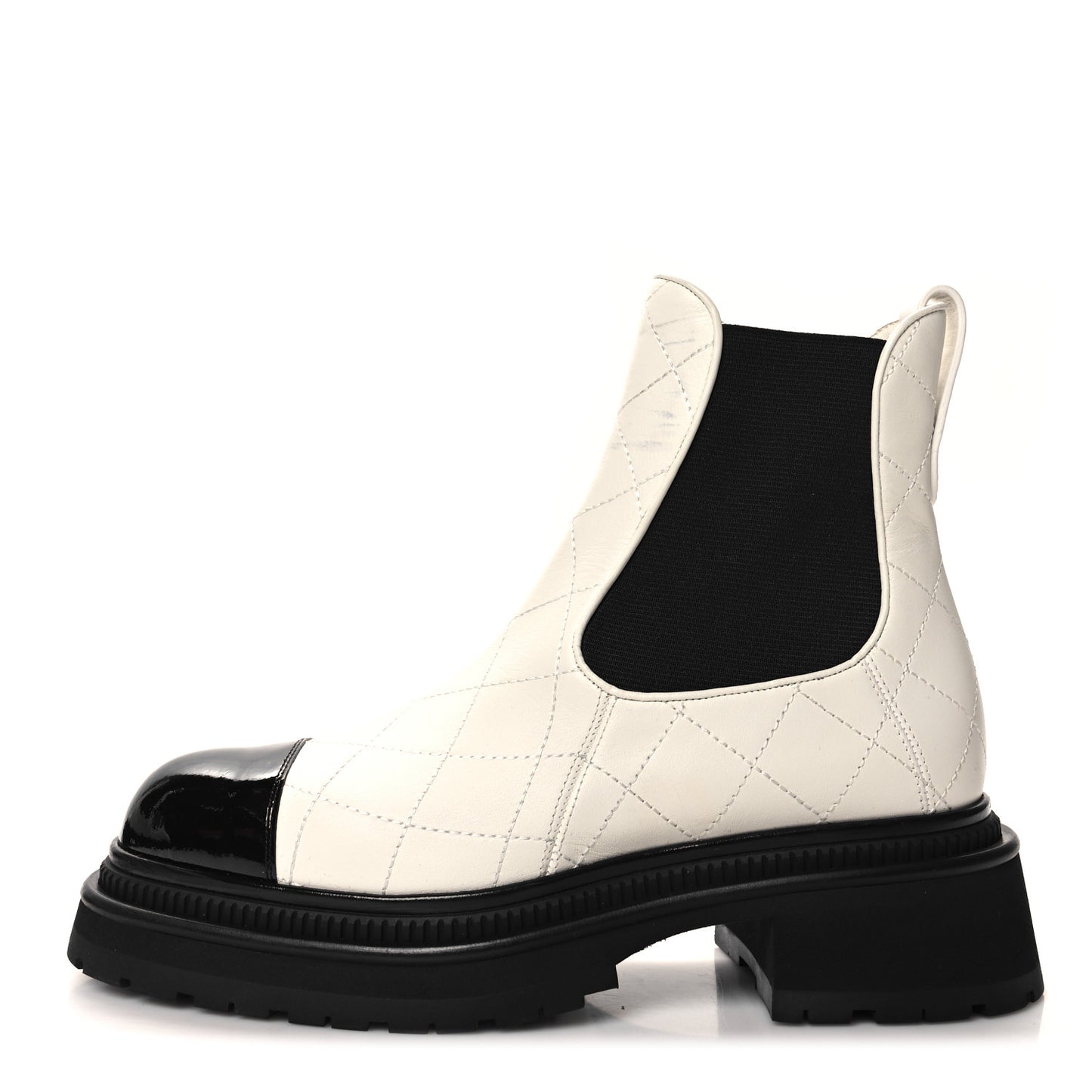 Calfskin Patent Cap Toe Quilted Short Boots 38 White Black
