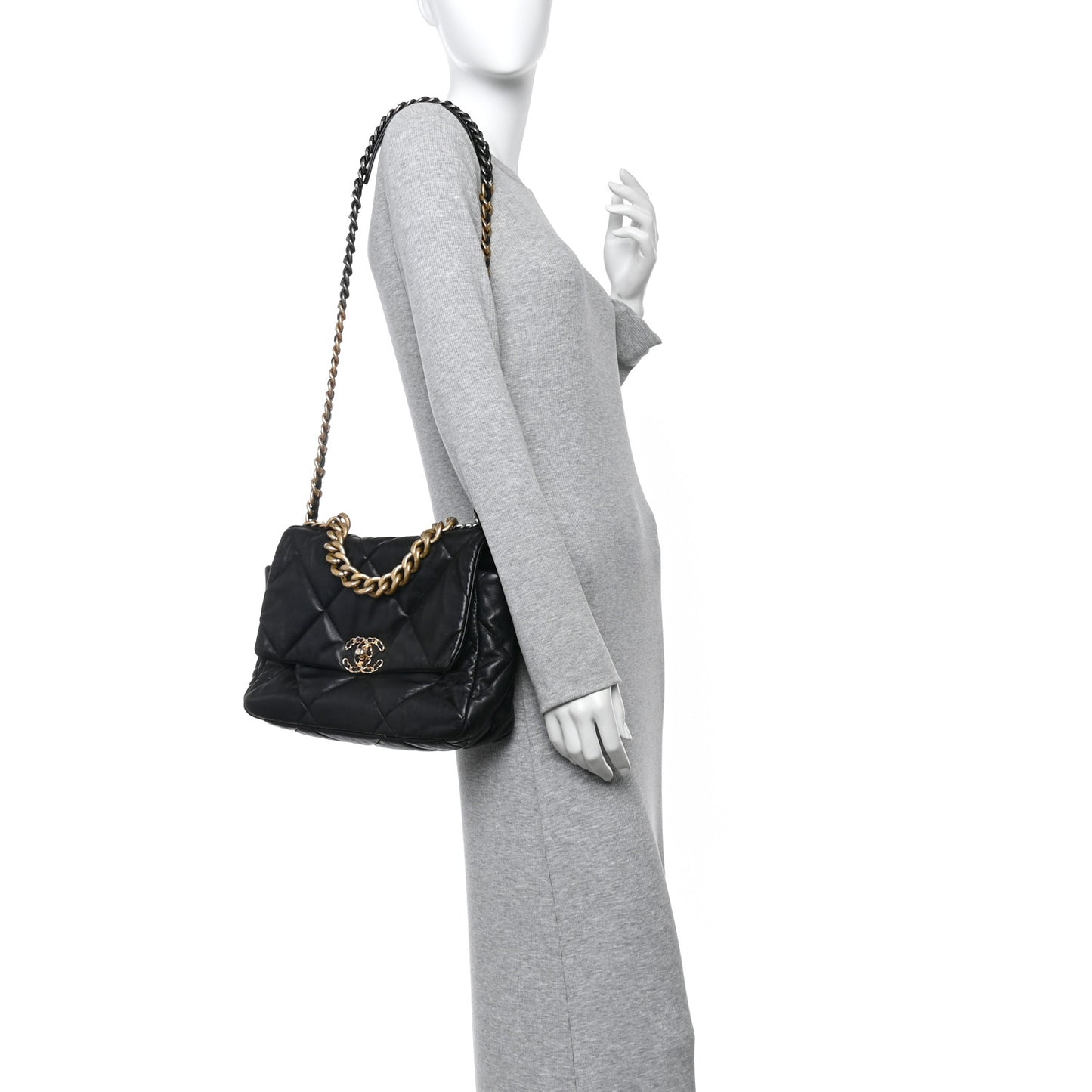 Shiny Goatskin Quilted Large Chanel 19 Flap Black