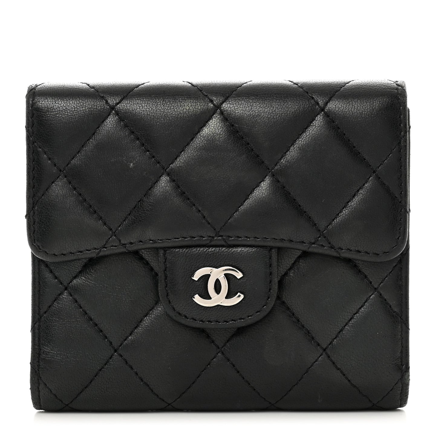 Lambskin Quilted Small Compact Wallet Black