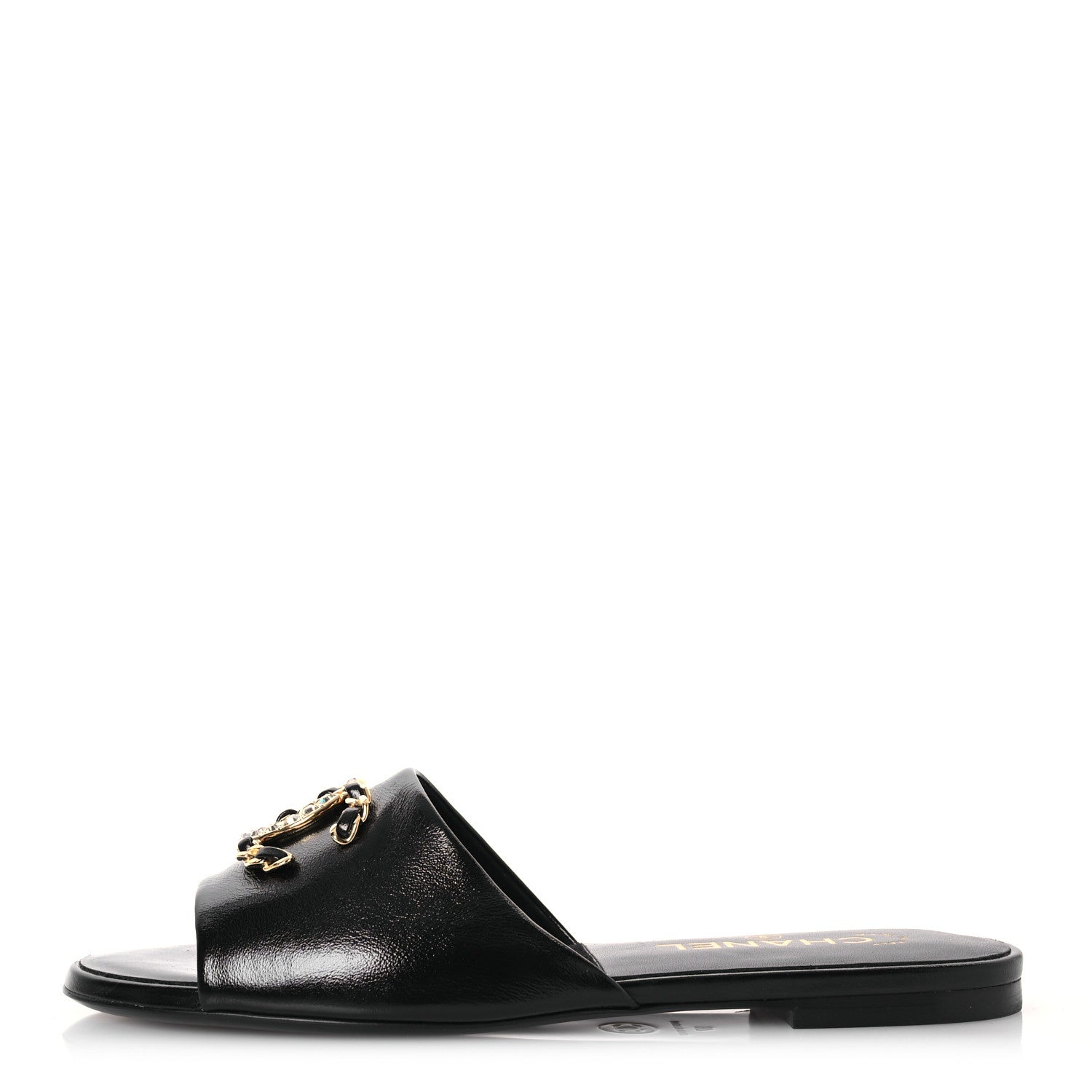 Chanel Shiny Calfskin Crystal CC Sandals 37 Black 1 of 10