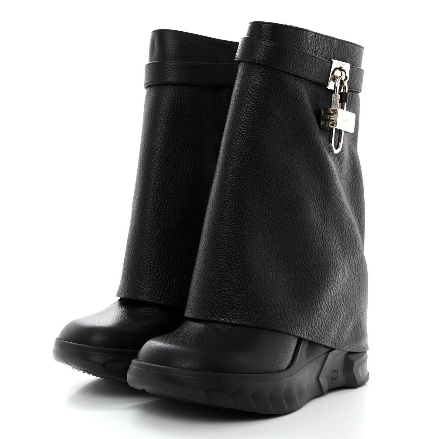 Grained Calfskin Shark Lock Biker Ankle Boots 41 Black