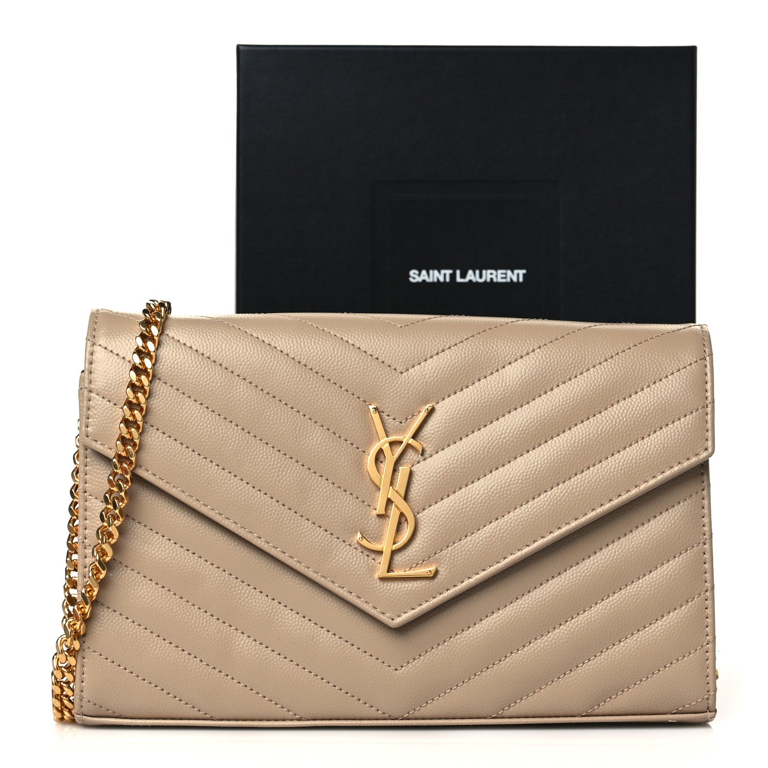 Saint Laurent Grain De Poudre Matelasse Chevron Monogram Chain Wallet Dark Beige 11 of 11