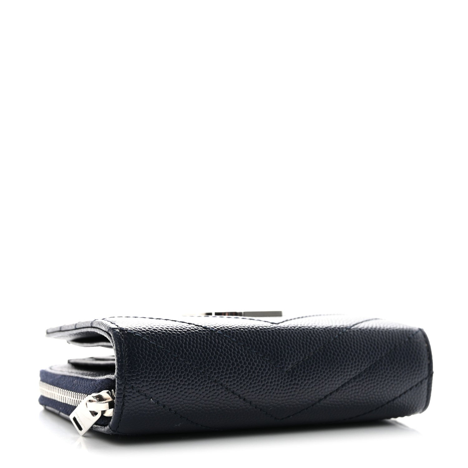 Saint Laurent Grain De Poudre Matelasse Chevron Monogram Compact Zip Around Wallet Deep Marine 4 of 7
