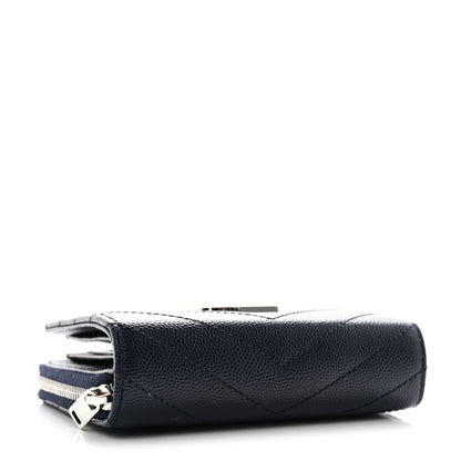 Saint Laurent Grain De Poudre Matelasse Chevron Monogram Compact Zip Around Wallet Deep Marine 4 of 7