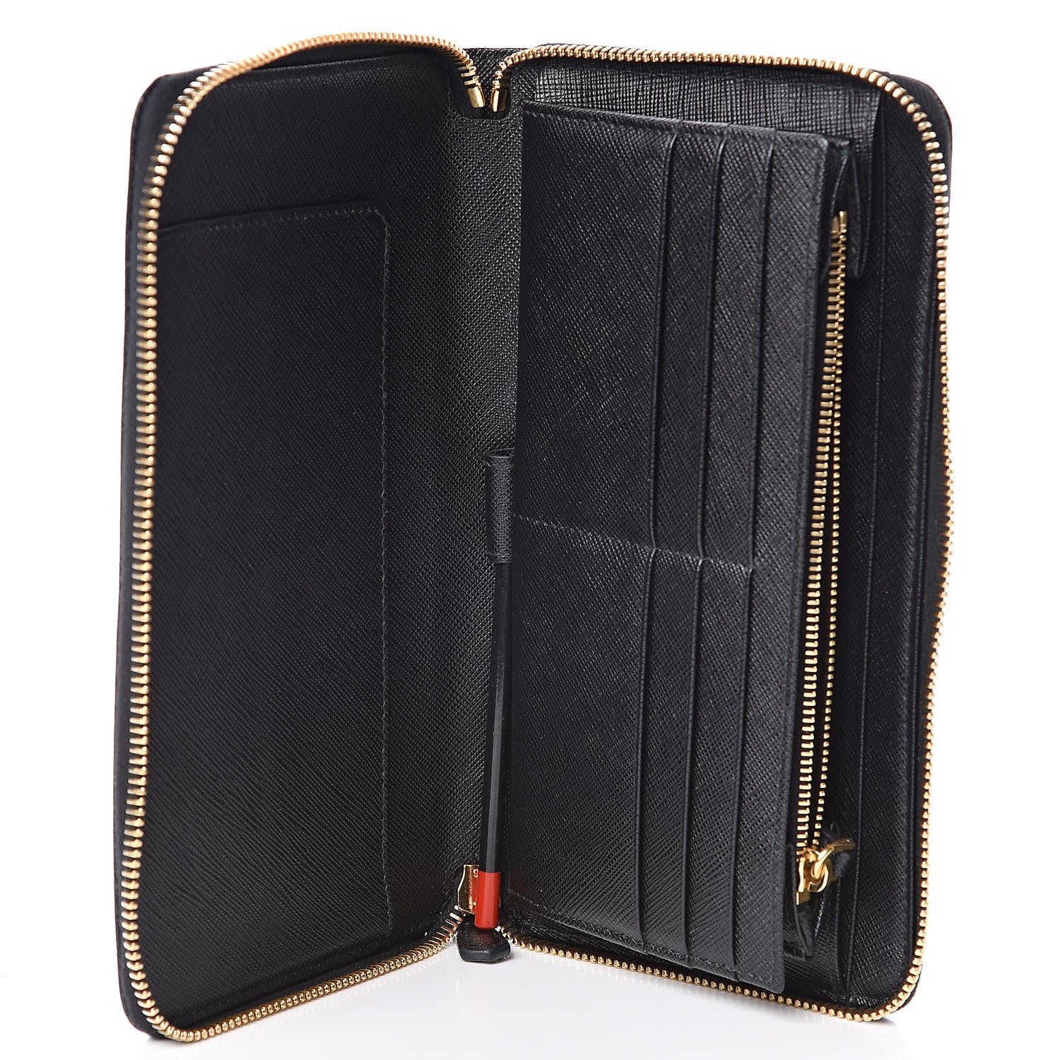 Prada Saffiano Metal Large Zip Around Travel Wallet Black 5 of 8