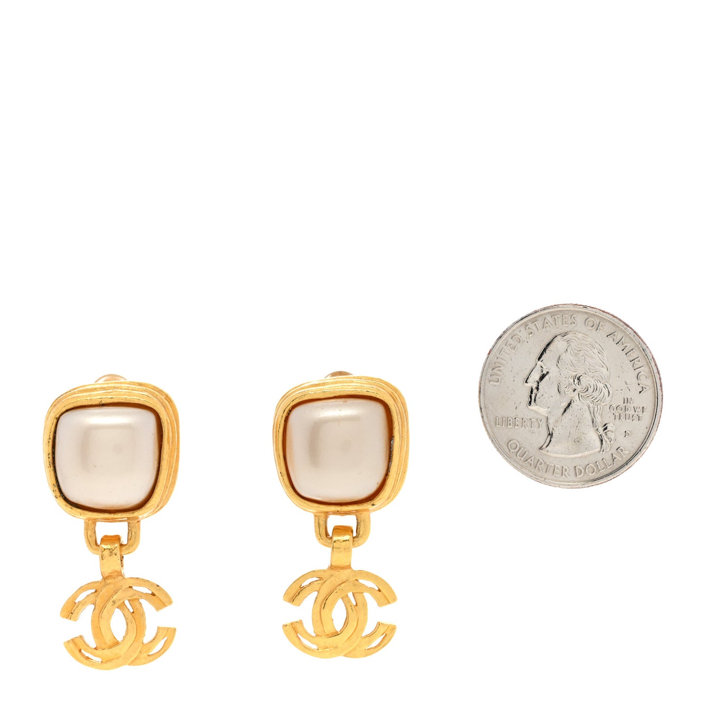 Pearl CC Dangle Clip On Earrings Gold