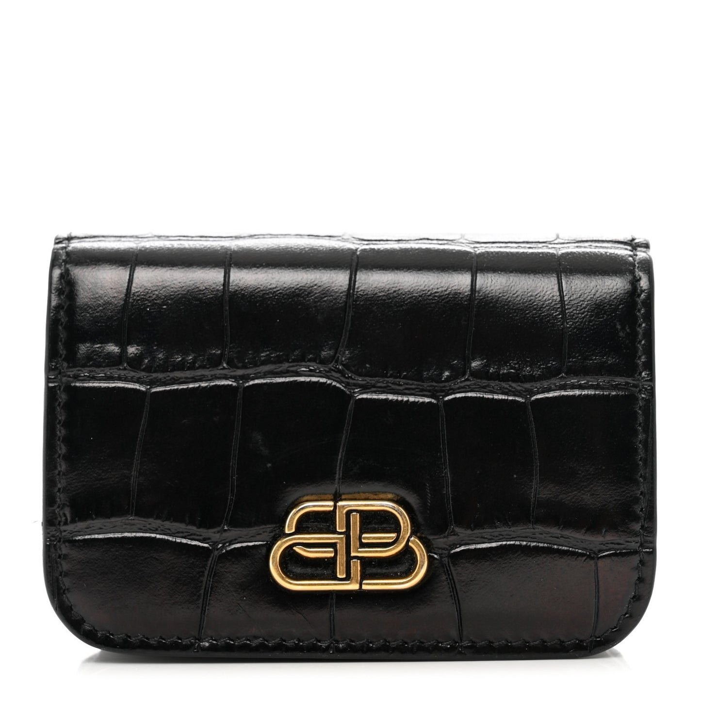 Shiny Calfskin Crocodile Embossed Mini BB Card Case Wallet Black