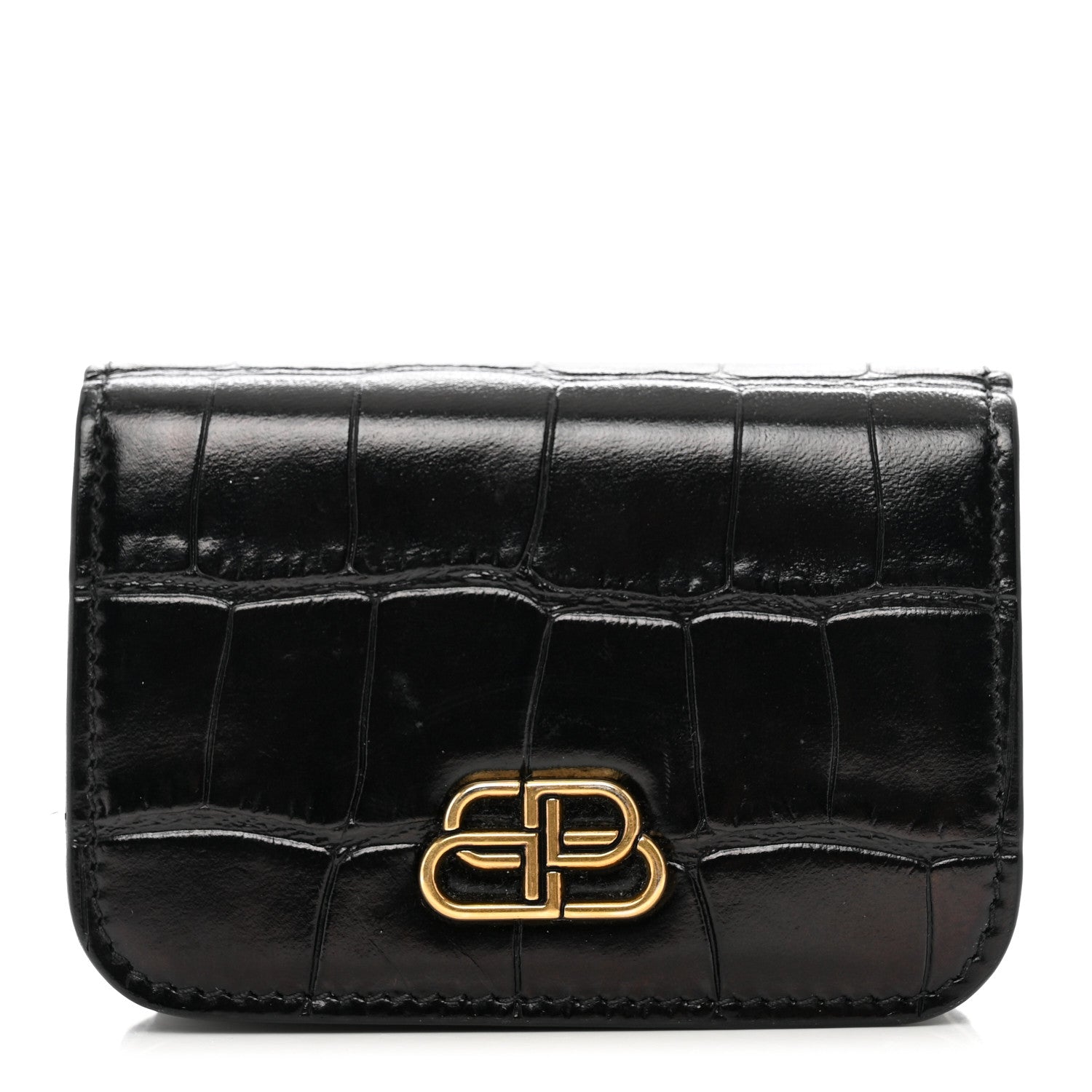 Balenciaga Shiny Calfskin Crocodile Embossed Mini BB Card Case Wallet Black 1 of 8