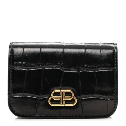 Balenciaga Shiny Calfskin Crocodile Embossed Mini BB Card Case Wallet Black 1 of 8