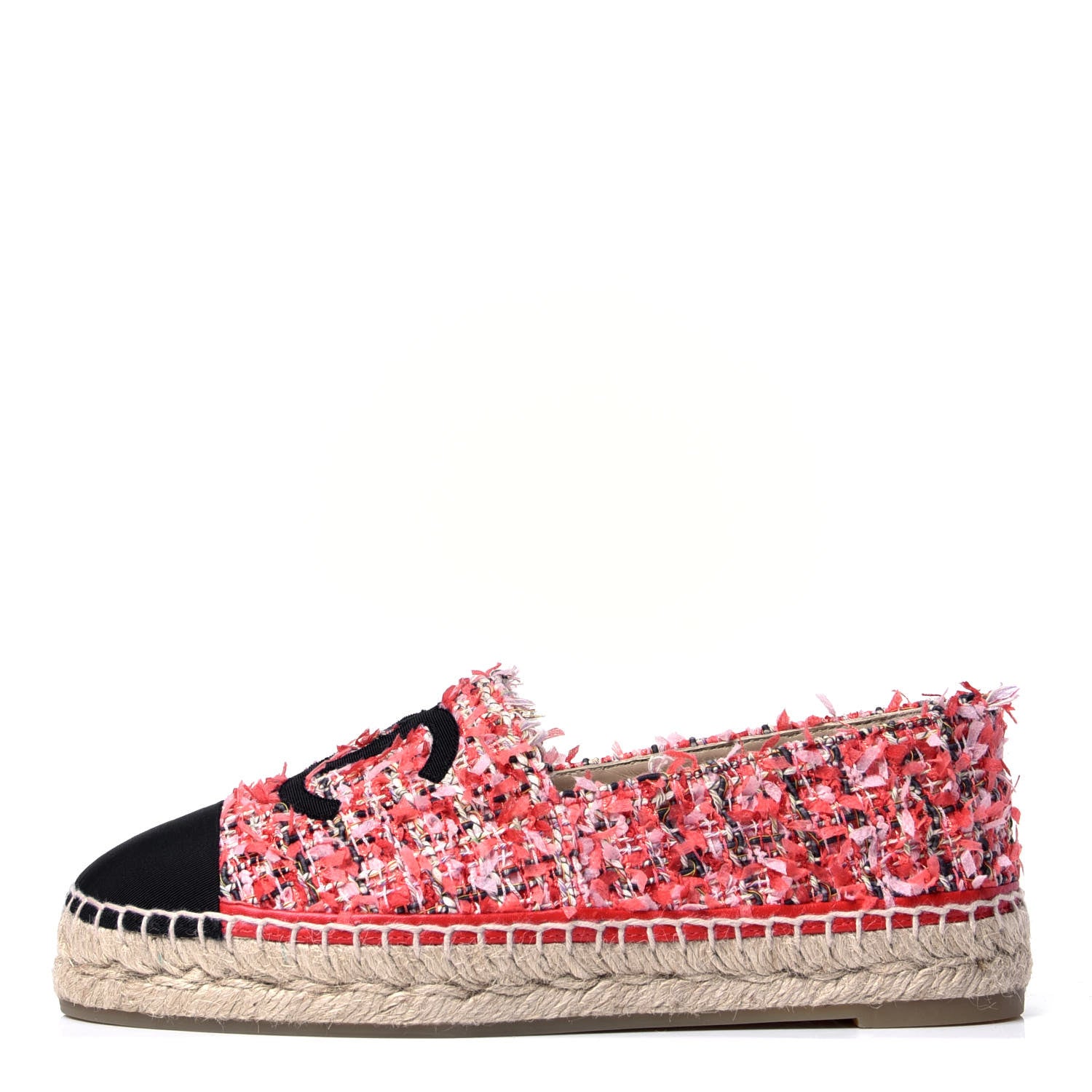 Chanel Tweed Grosgrain CC Espadrilles 37 Coral Red Pink Black 1 of 6