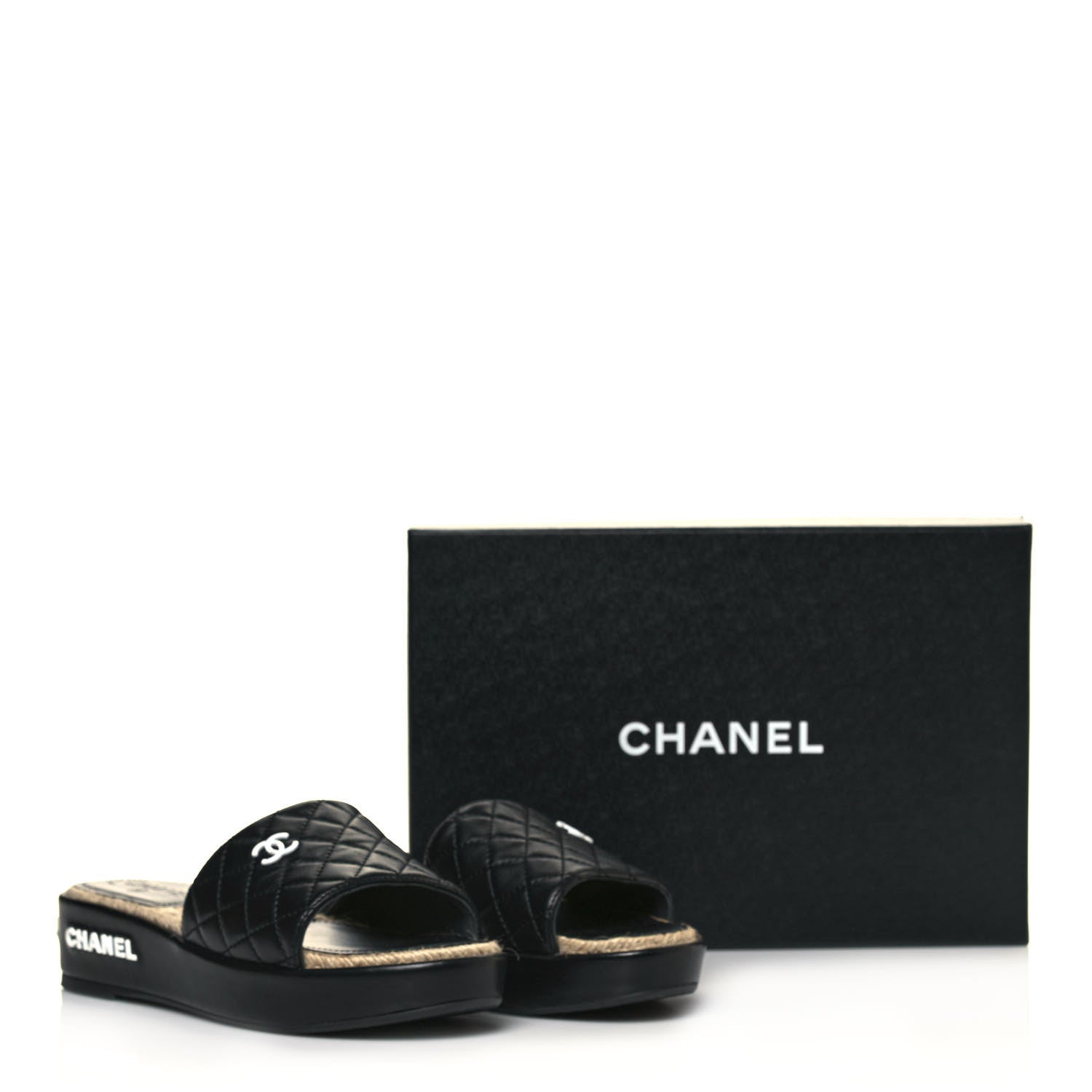 Chanel Lambskin Quilted CC Espadrille Slip On Sandals 38 Black 10 of 10