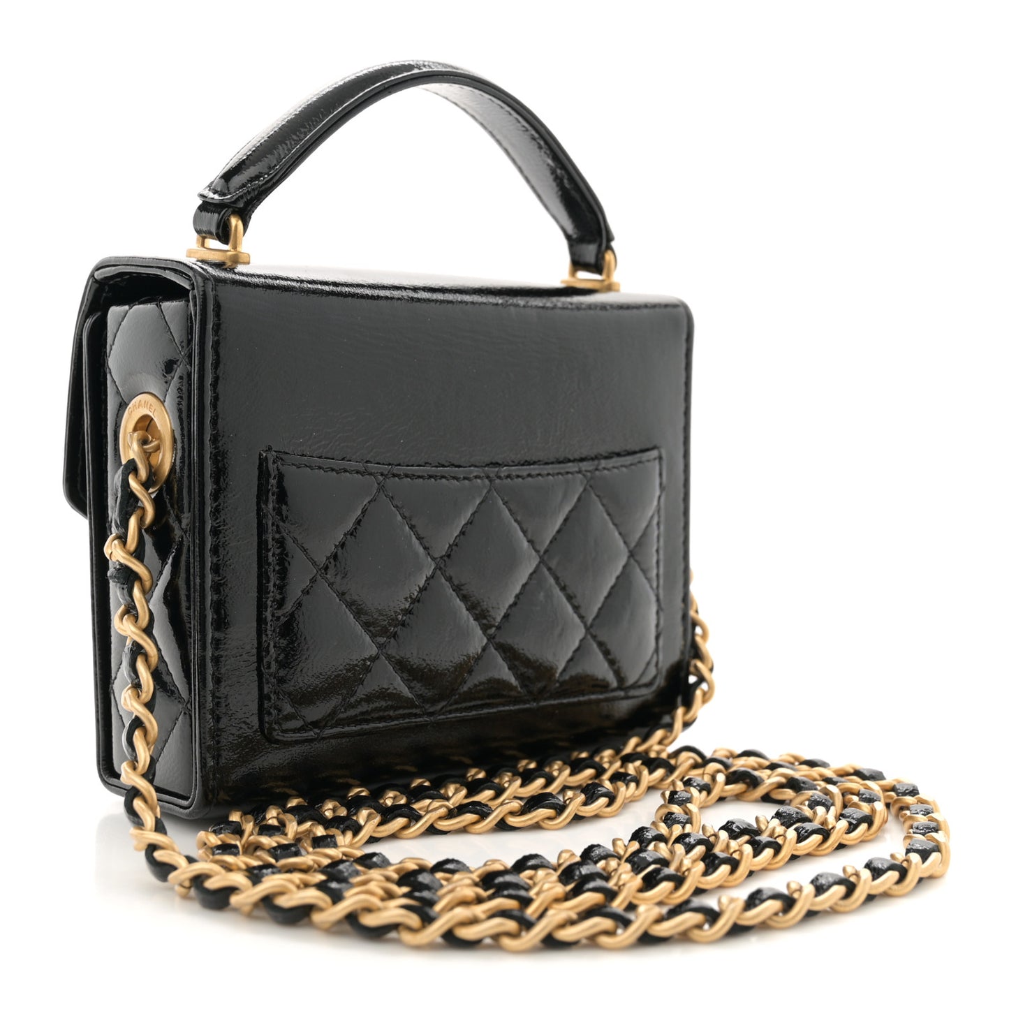 Shiny Lambskin Quilted Top Handle Card Holder On Chain Black