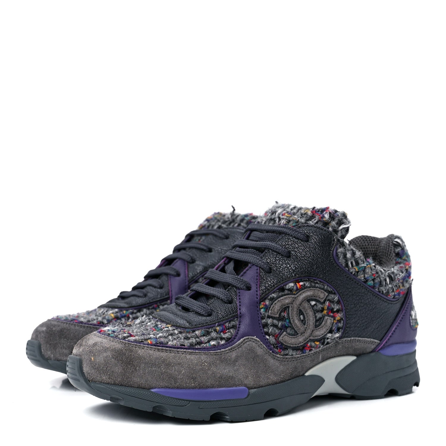 Chanel Suede Tweed Goatskin CC Sneakers 37.5 Grey Purple 3 of 8