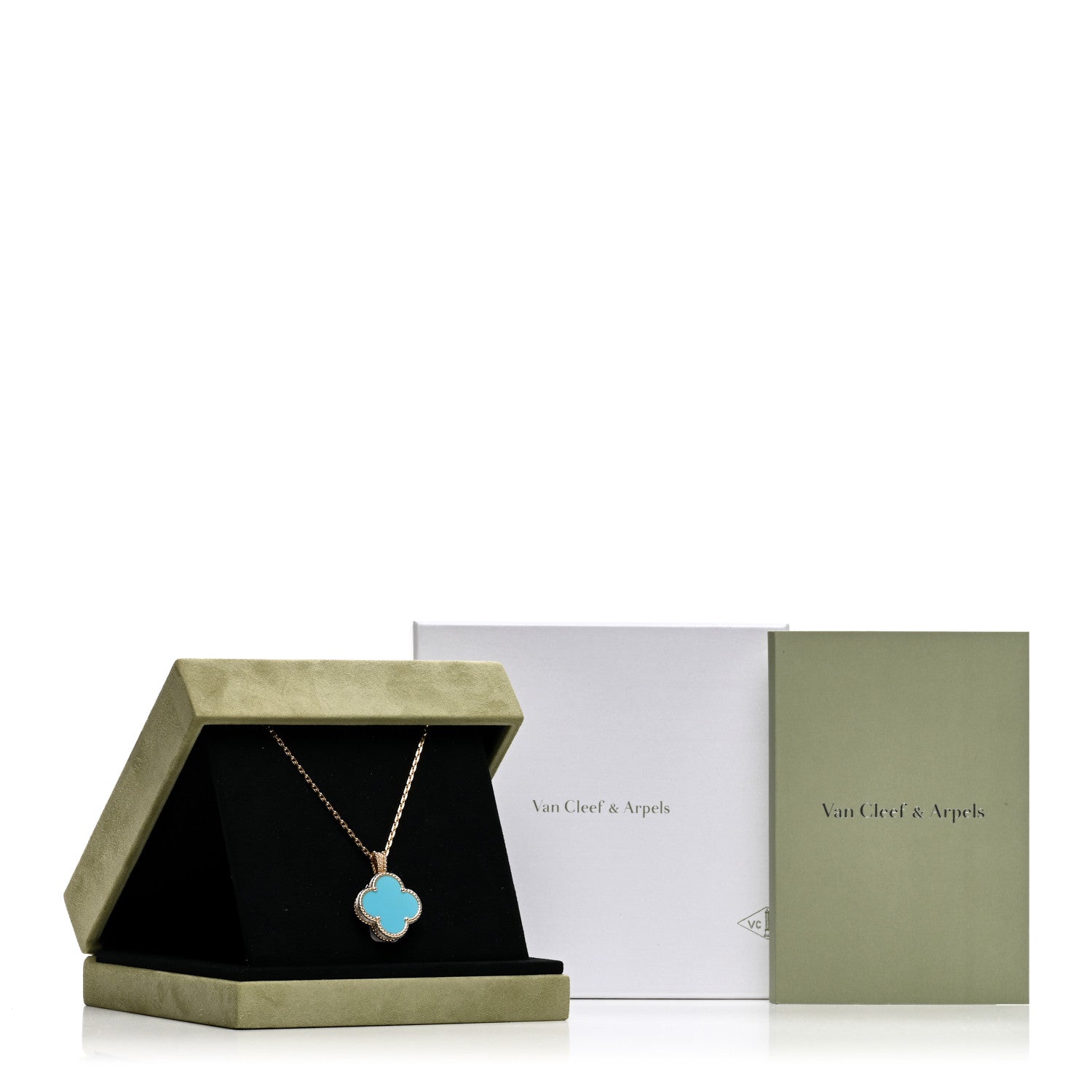 Van Cleef & Arpels 18K Yellow Gold Diamond Turquoise Mother of Pearl 28mm Alhambra Secret Pendant Quartz Watch 5 of 5