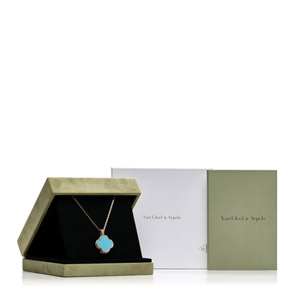 Van Cleef & Arpels 18K Yellow Gold Diamond Turquoise Mother of Pearl 28mm Alhambra Secret Pendant Quartz Watch 5 of 5