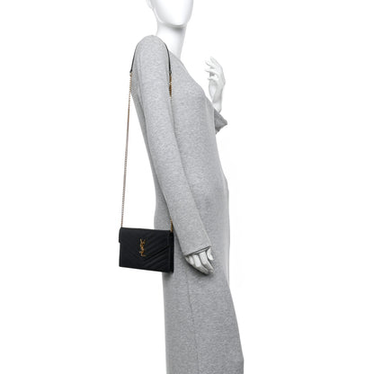Saint Laurent Grain De Poudre Matelasse Chevron Monogram Envelope Chain Wallet Black 2 of 13