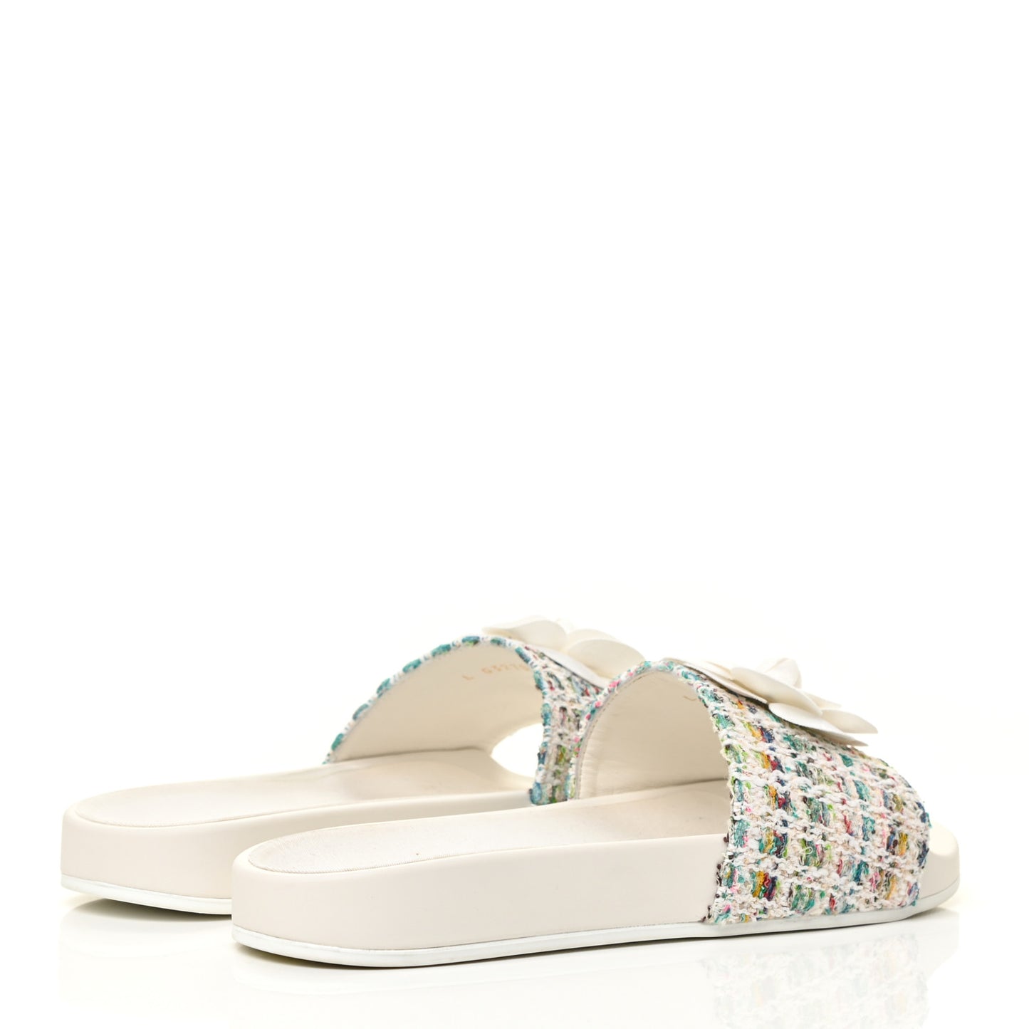 Tweed Grosgrain Camellia CC Flat Mules 41 Ecru Green Ivory