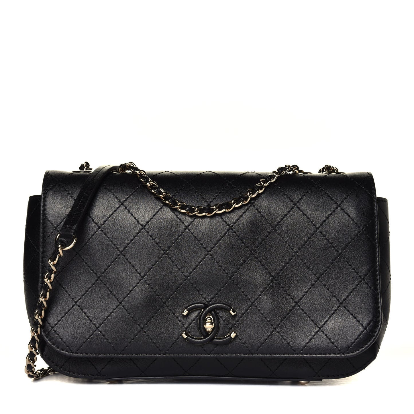 Calfskin Stitched CC Case Flap Bag Black