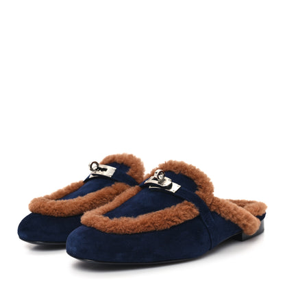 Hermes Suede Goatskin Woolskin Womens Oz Mules 37 Marine Gold 4 of 9