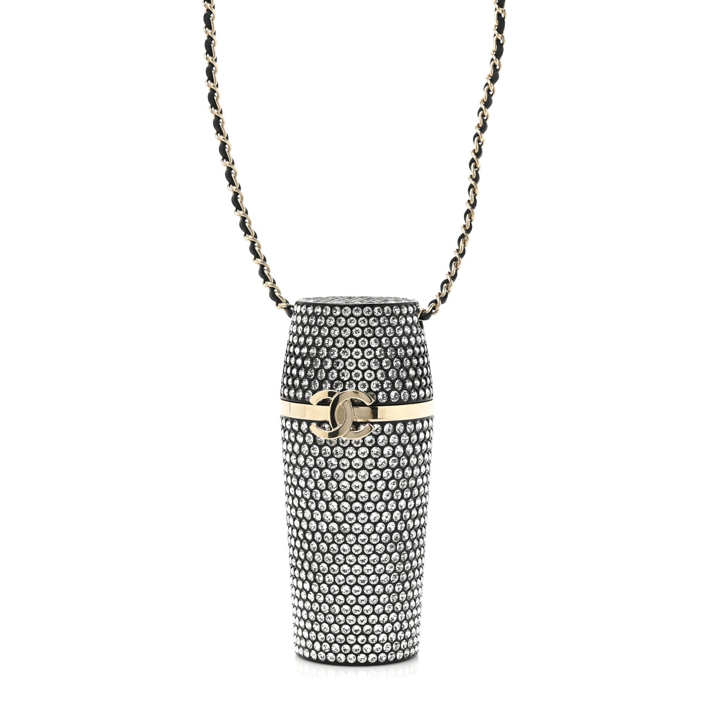 Metal Resin Lambskin Crystal Lipstick Case Long Necklace On Chain Silver Black Gold