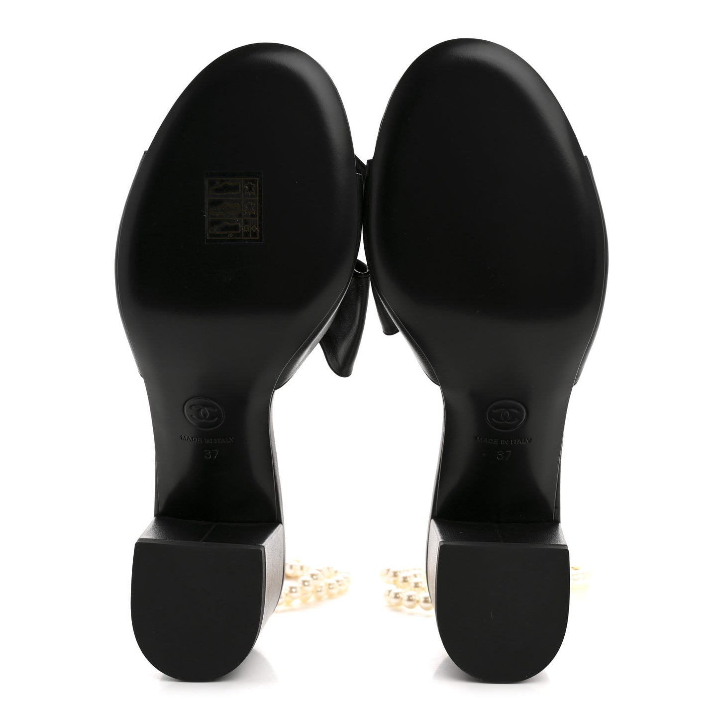 Lambskin Pearl Bow CC Ankle Strap Sandals 37 Black