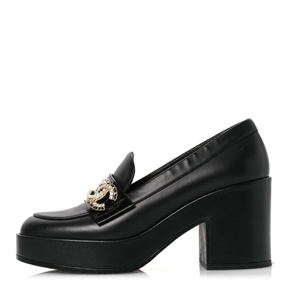 Chanel Lambskin Pearl Crystal Quilted CC Loafers 38 Black 1 of 17