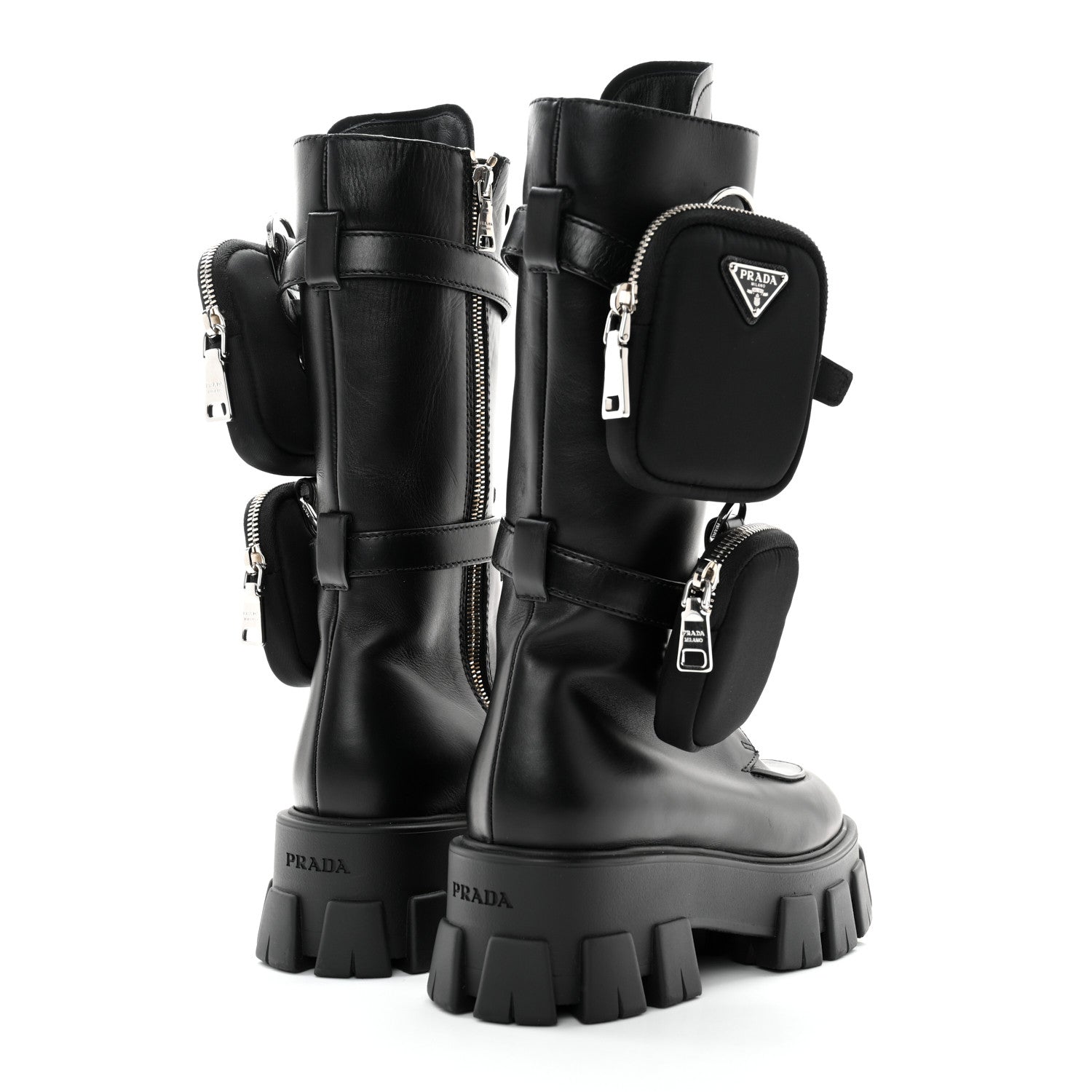 Prada Vitello Lux Nylon Metal Triangle Logo Monolith Pouch Pocket 55mm Tall Combat Boots 36.5 Black 4 of 10