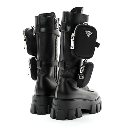 Prada Vitello Lux Nylon Metal Triangle Logo Monolith Pouch Pocket 55mm Tall Combat Boots 36.5 Black 4 of 10