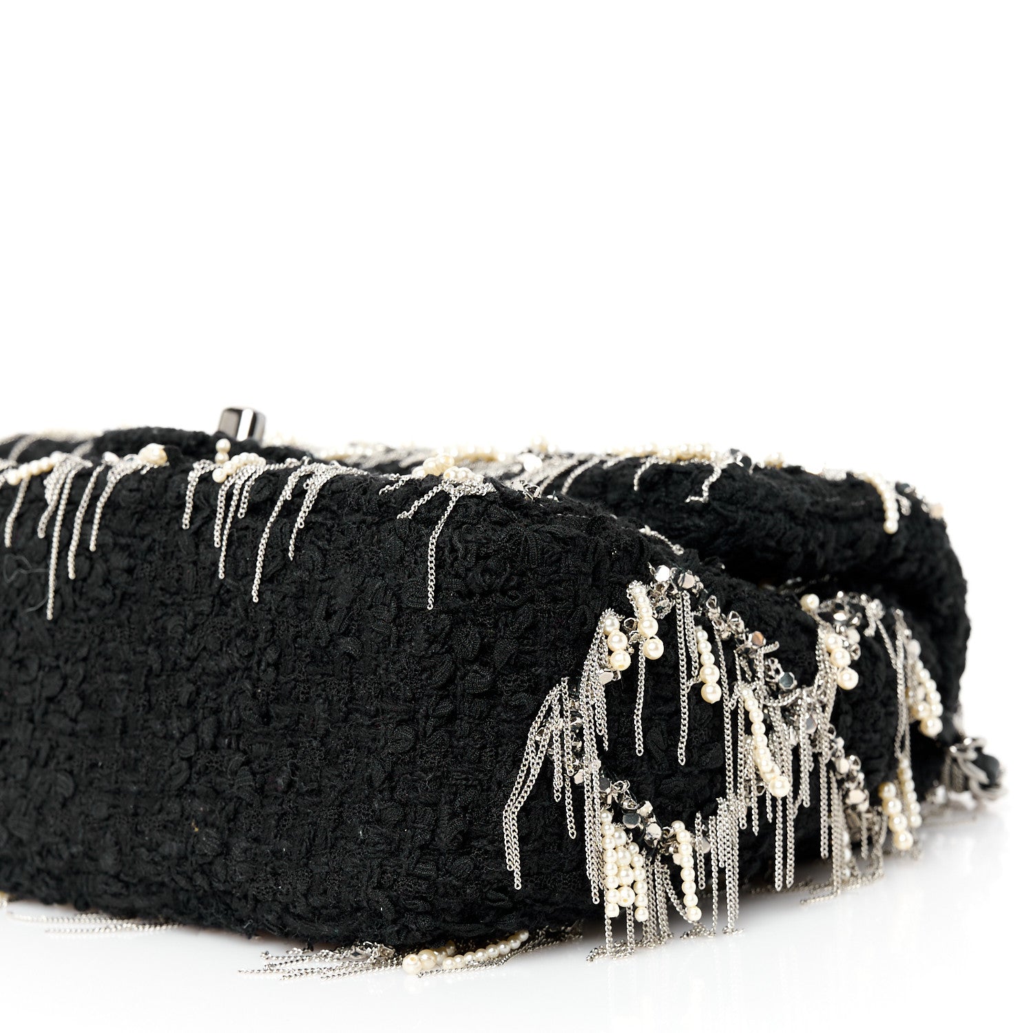 Chanel Tweed Quilted Pearl Fringe Quilted Mini Flap Bag Black Silver 11 of 11
