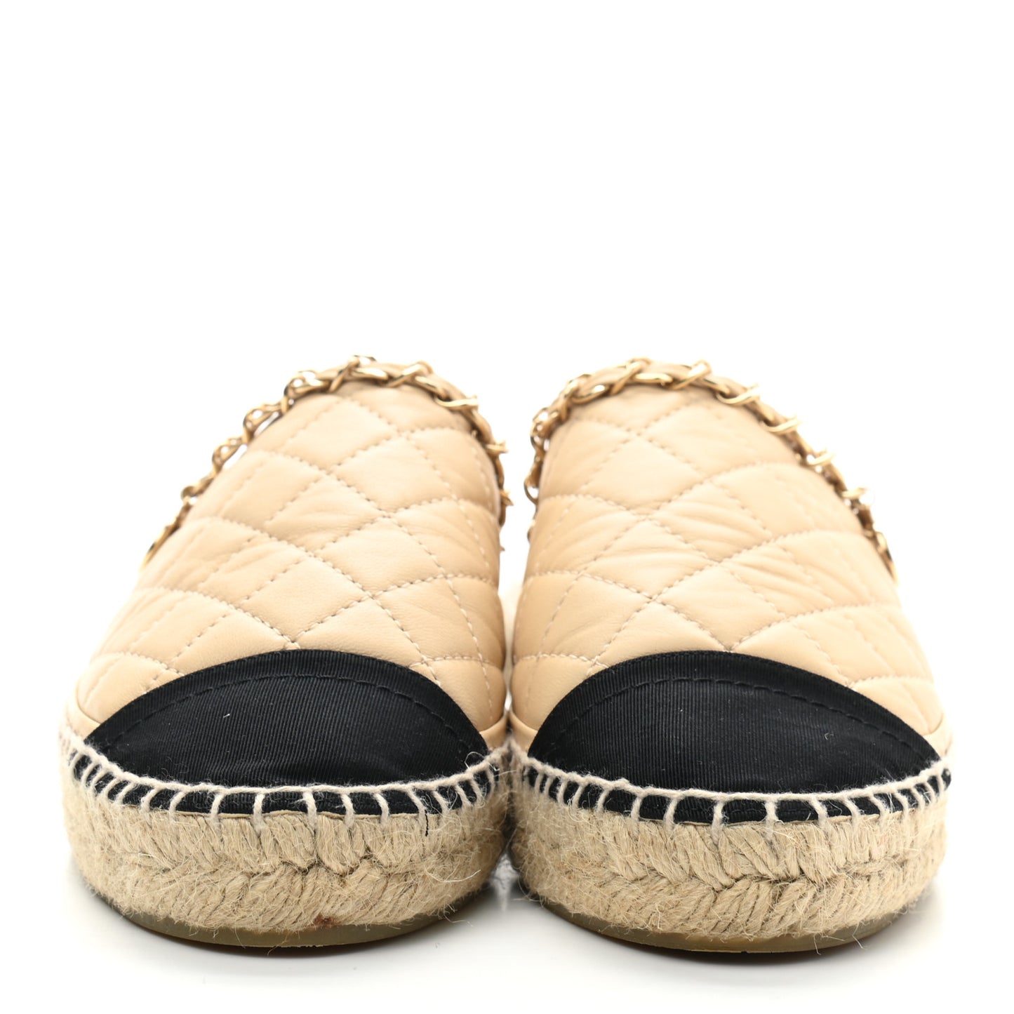 Lambskin Grosgrain Quilted CC Chain Espadrille Mules 36 Beige Black