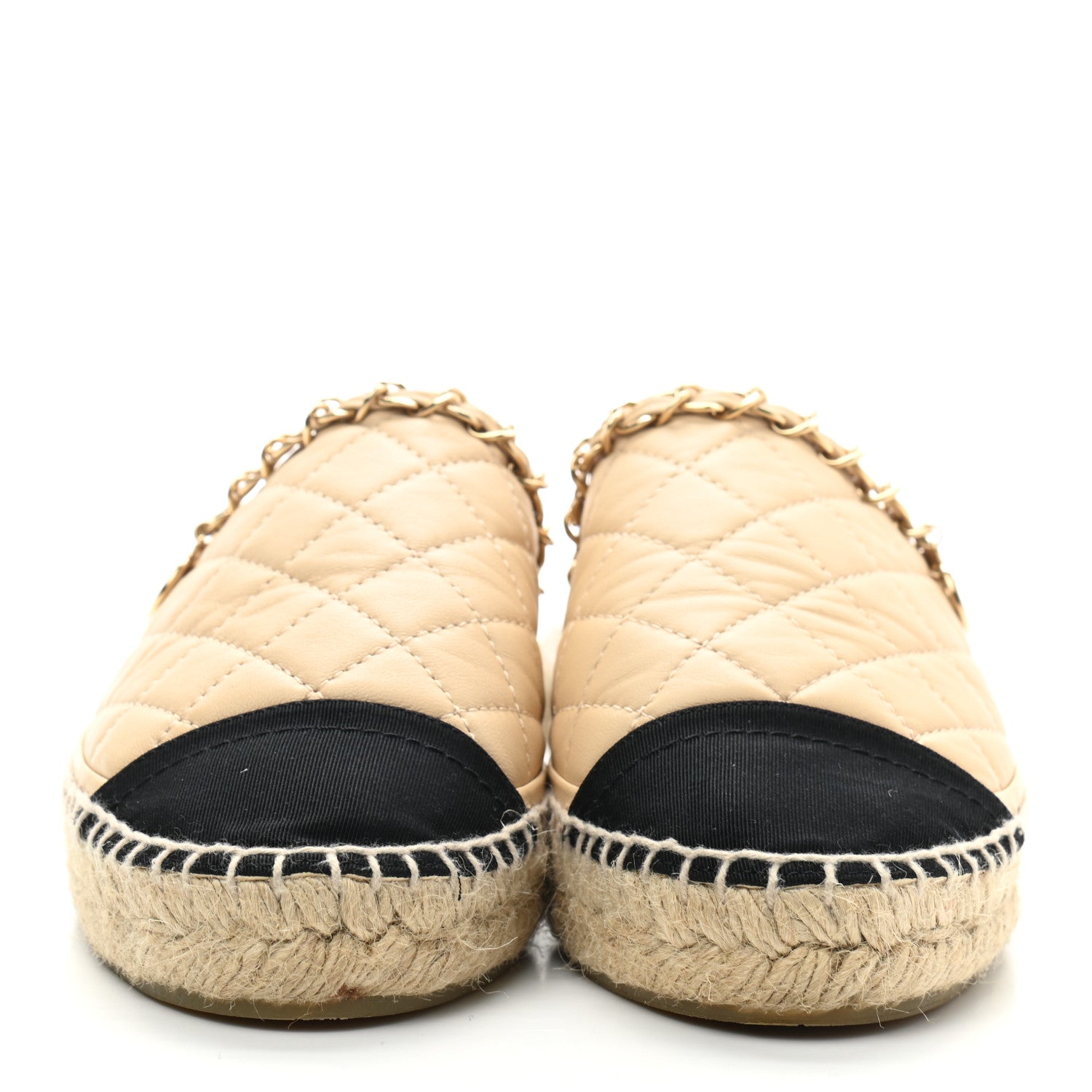 Chanel Lambskin Grosgrain Quilted CC Chain Espadrille Mules 36 Beige Black 2 of 6