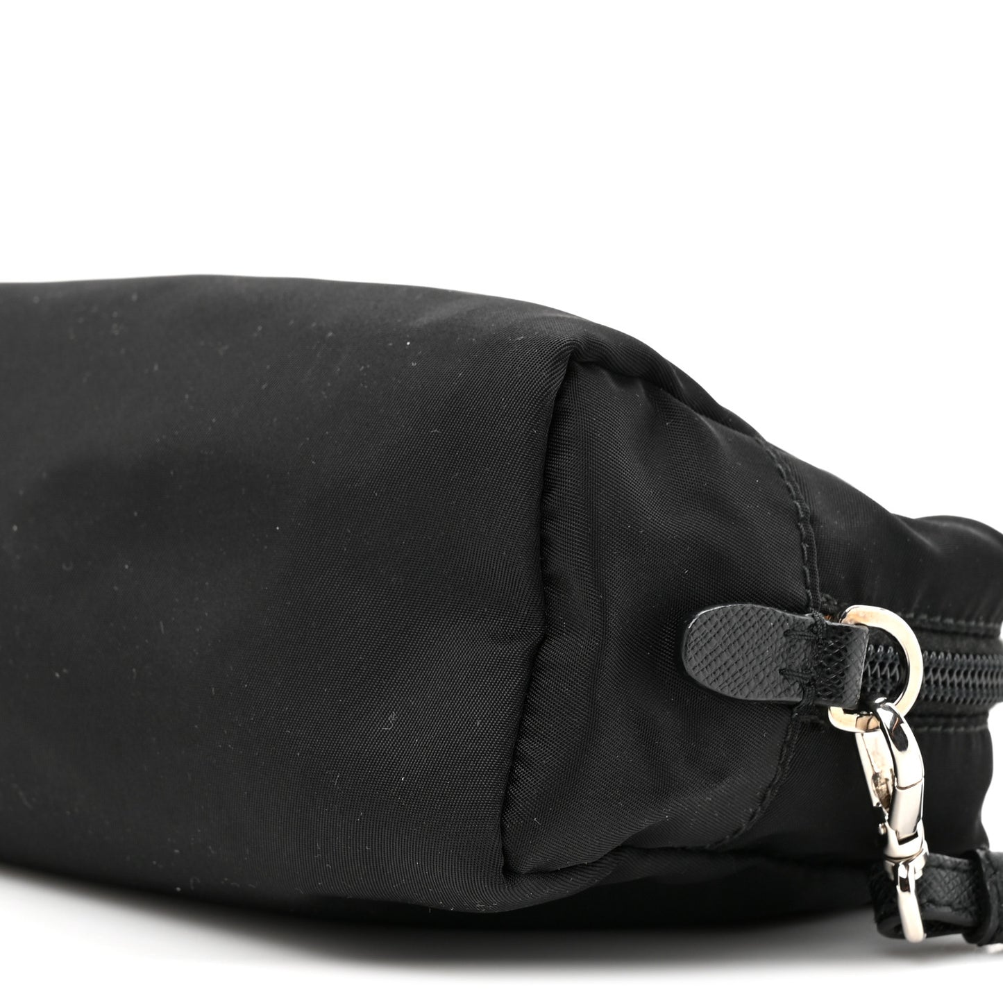 Tessuto Nylon Vela Saffiano Metal Triangle Logo Wristlet Pouch Black