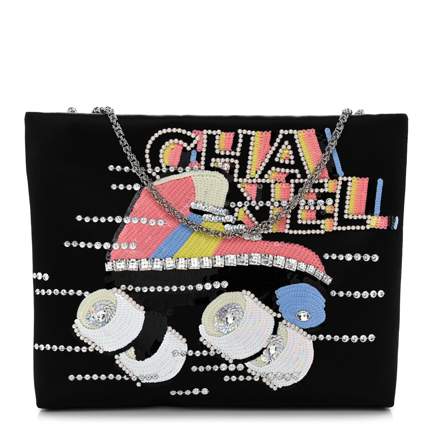 Satin Sequin Pearl Crystal Roller Skate Quilted Clutch With Chain Black Multicolor