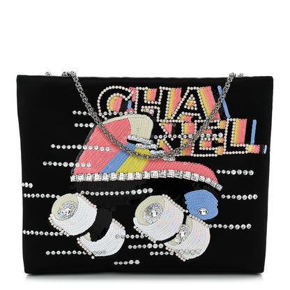 Chanel Satin Sequin Pearl Crystal Roller Skate Quilted Clutch With Chain Black Multicolor 1 of 11