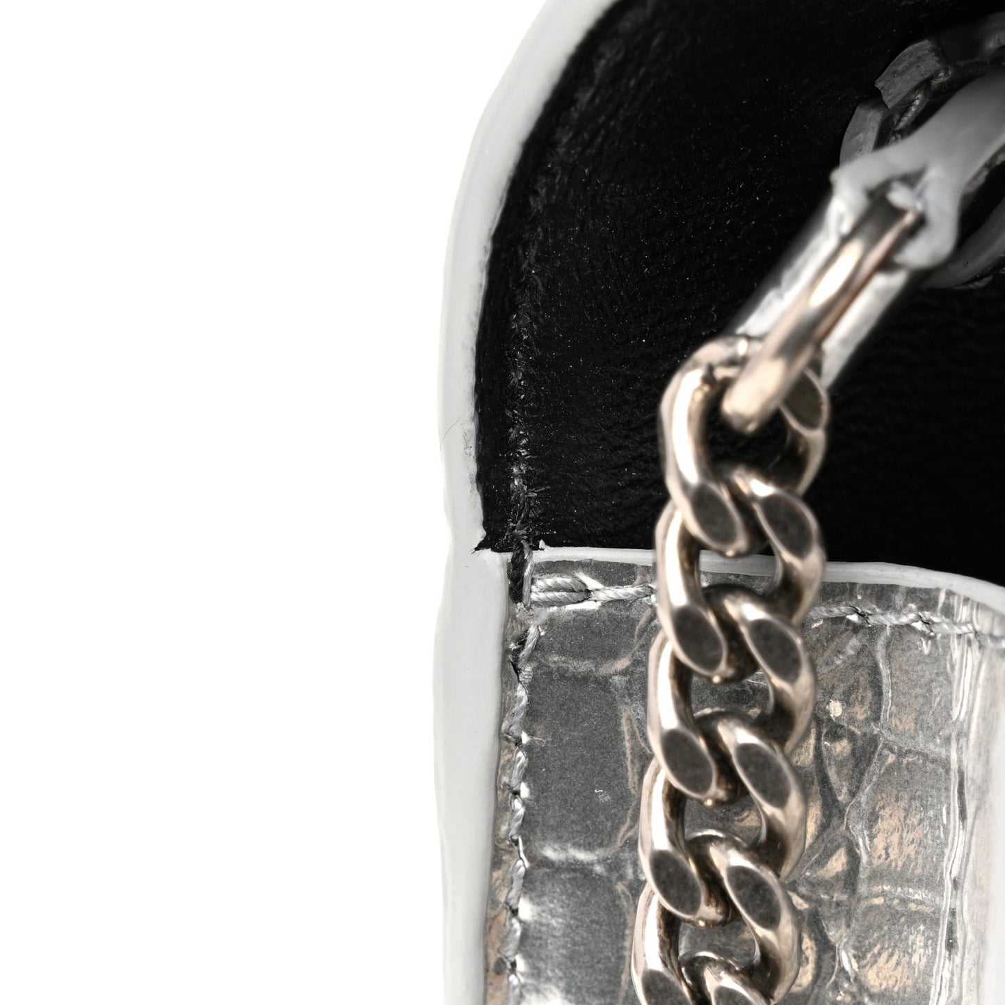 Metallic Calfskin Crocodile Embossed Hourglass Chain Bag Silver