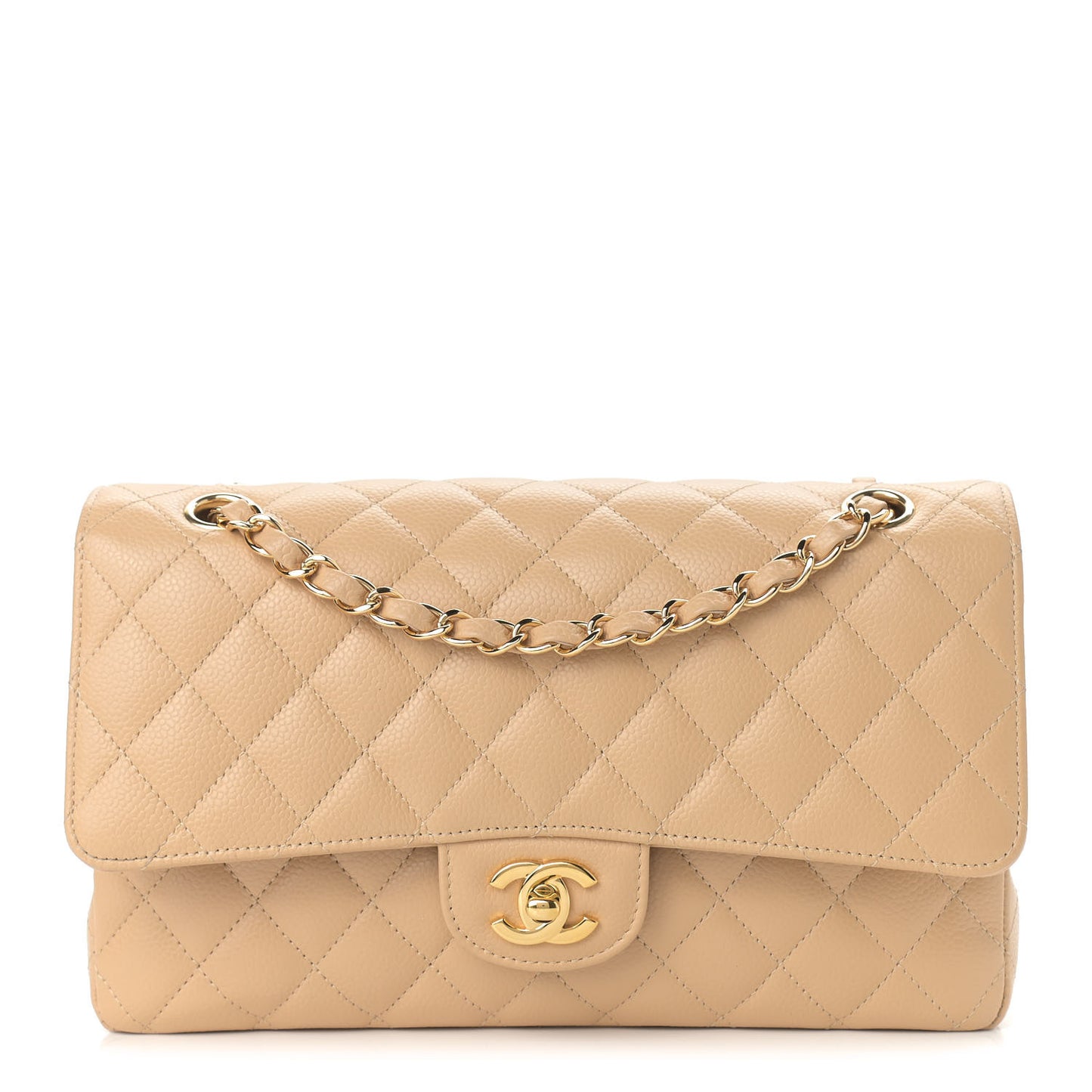 Caviar Quilted Medium Double Flap Beige