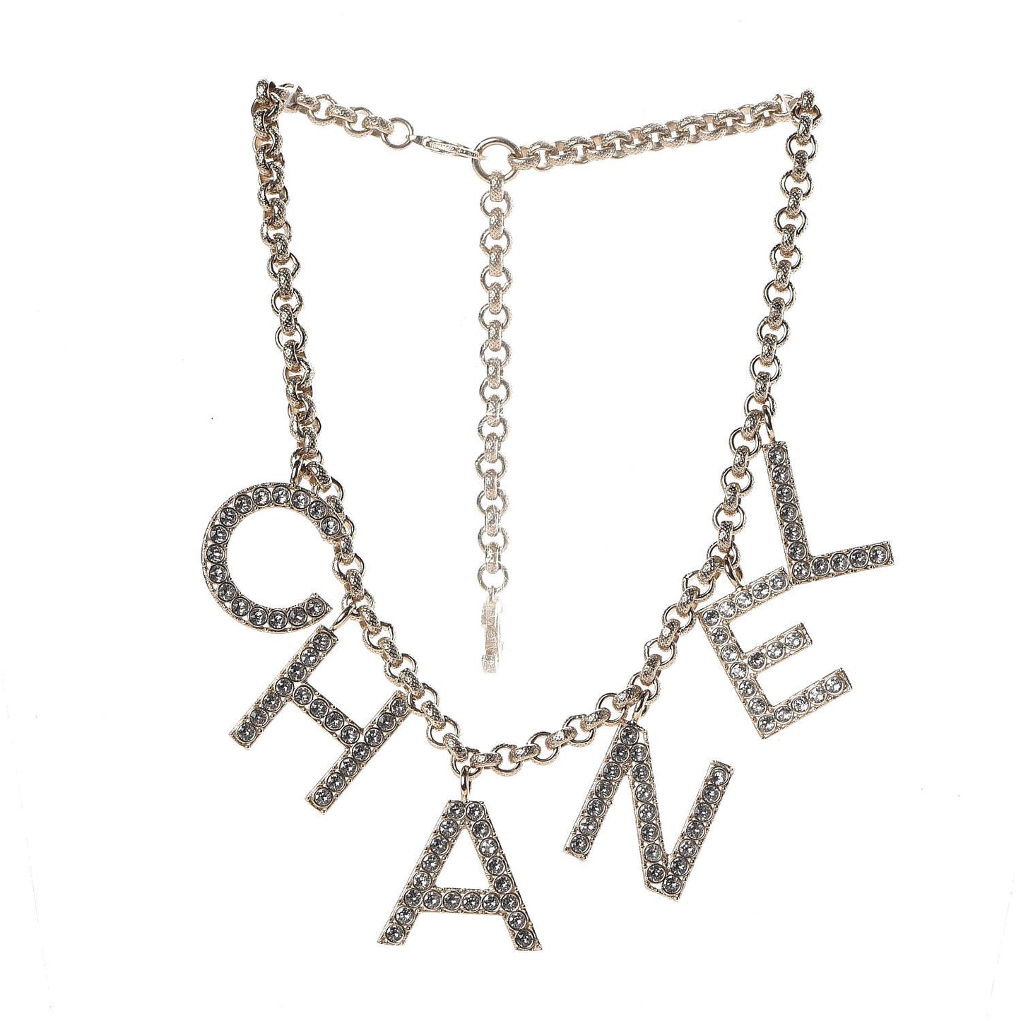 Metal Crystal Cha-Nel Logo Necklace Gold