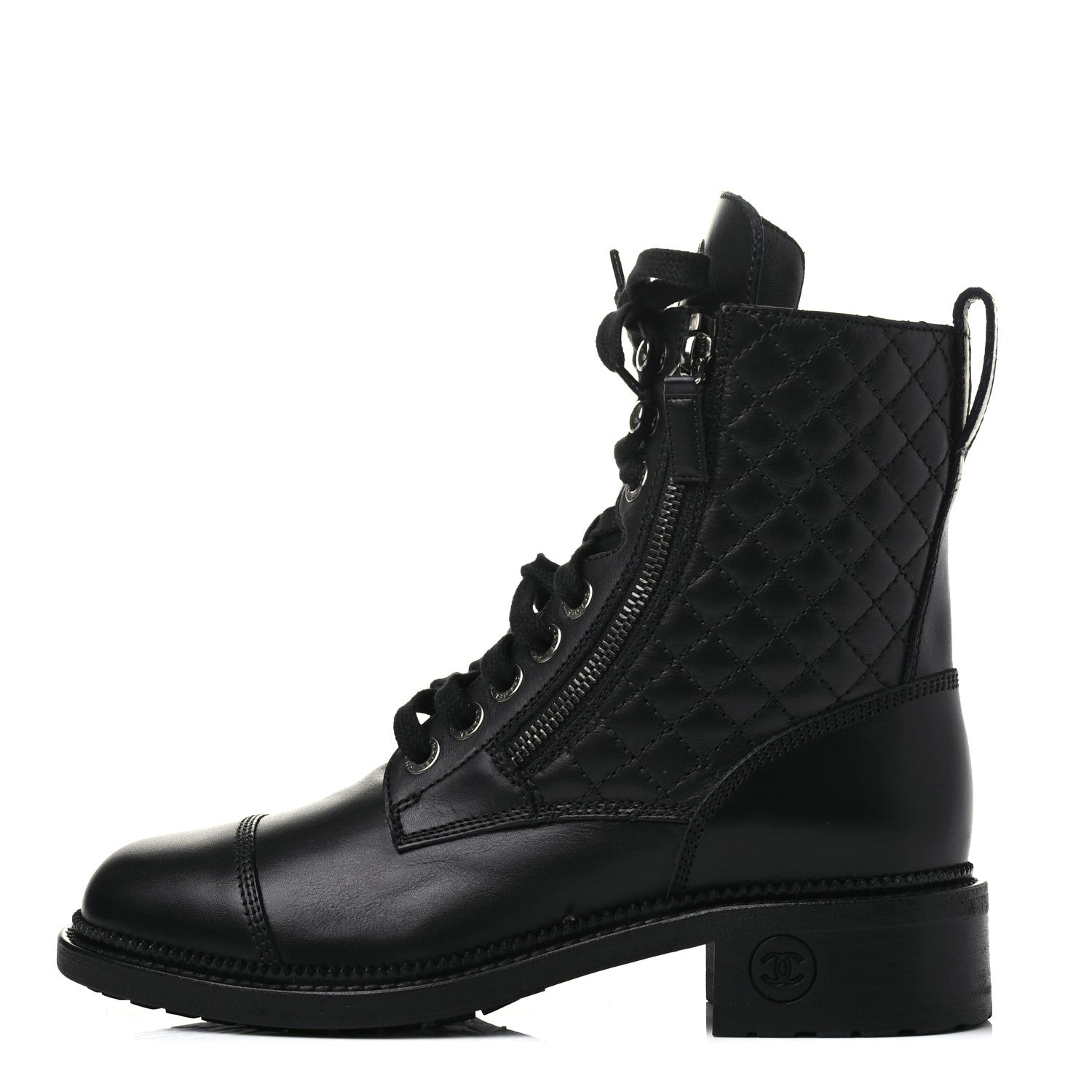 Chanel Calfskin Quilted Lace Up Combat Boots 38 Black 1 of 8