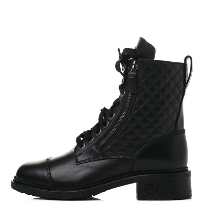 Chanel Calfskin Quilted Lace Up Combat Boots 38 Black 1 of 8