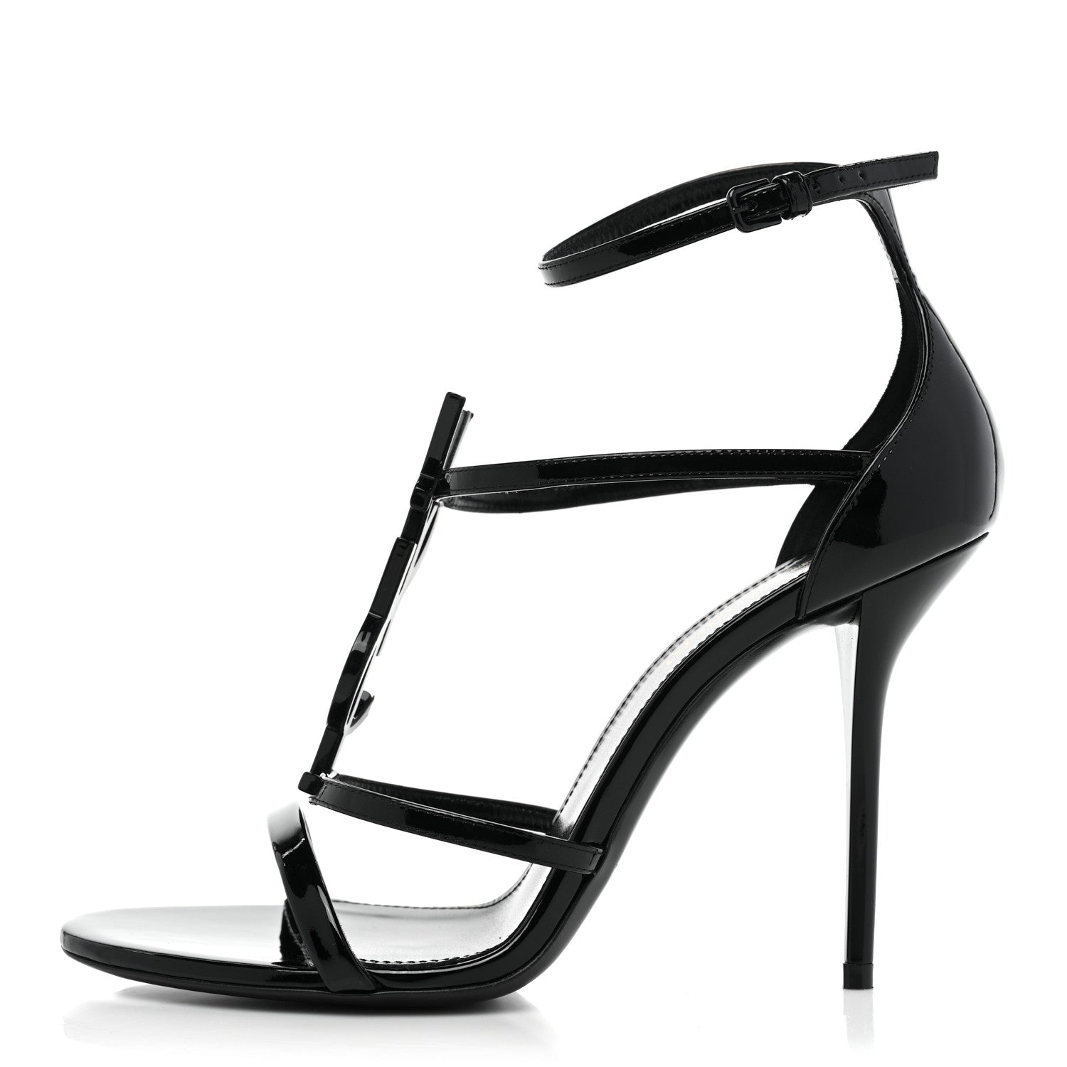 Saint Laurent Patent Cassandra 100 Ankle Strap Sandals 38.5 Black 1 of 11