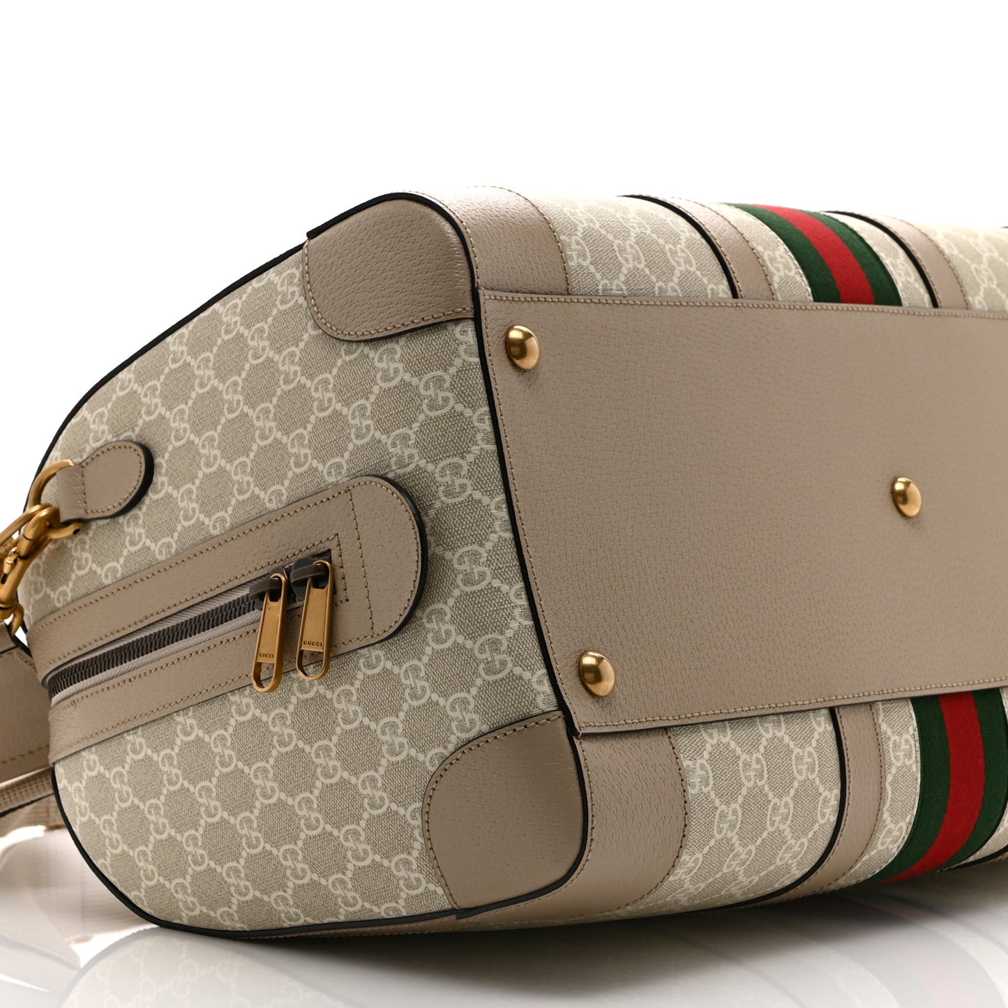 GG Supreme Monogram Textured Dollar Calfskin Web Medium Savoy Duffle Bag Beige Mystic White Oatmeal