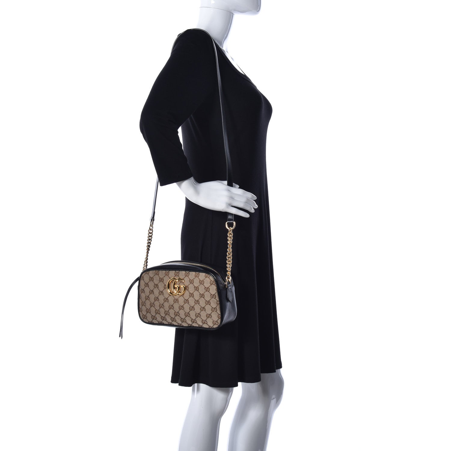 Gucci Monogram Matelasse Diagonal Small GG Marmont Chain Shoulder Bag Beige Black 1 of 11
